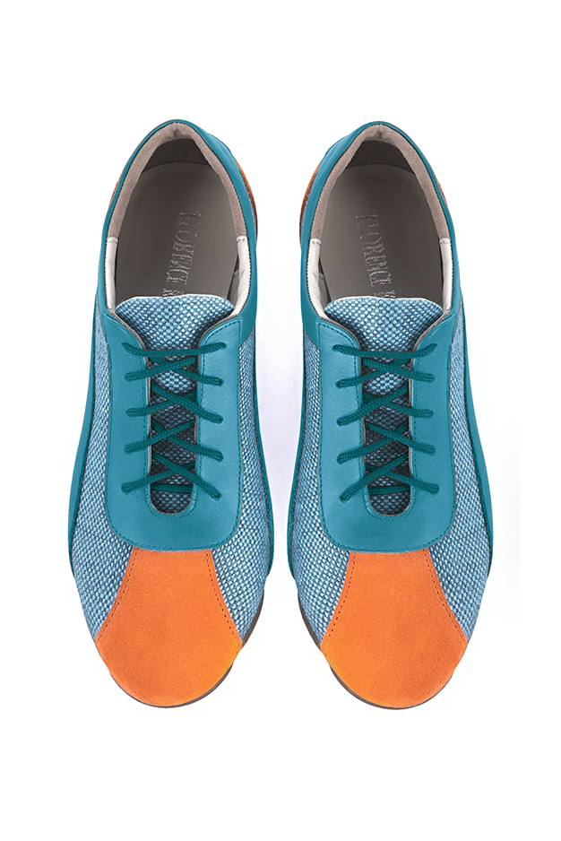 Apricot orange and peacock blue women's two-tone elegant sneakers. Round toe. Flat rubber soles. Top view - Florence KOOIJMAN